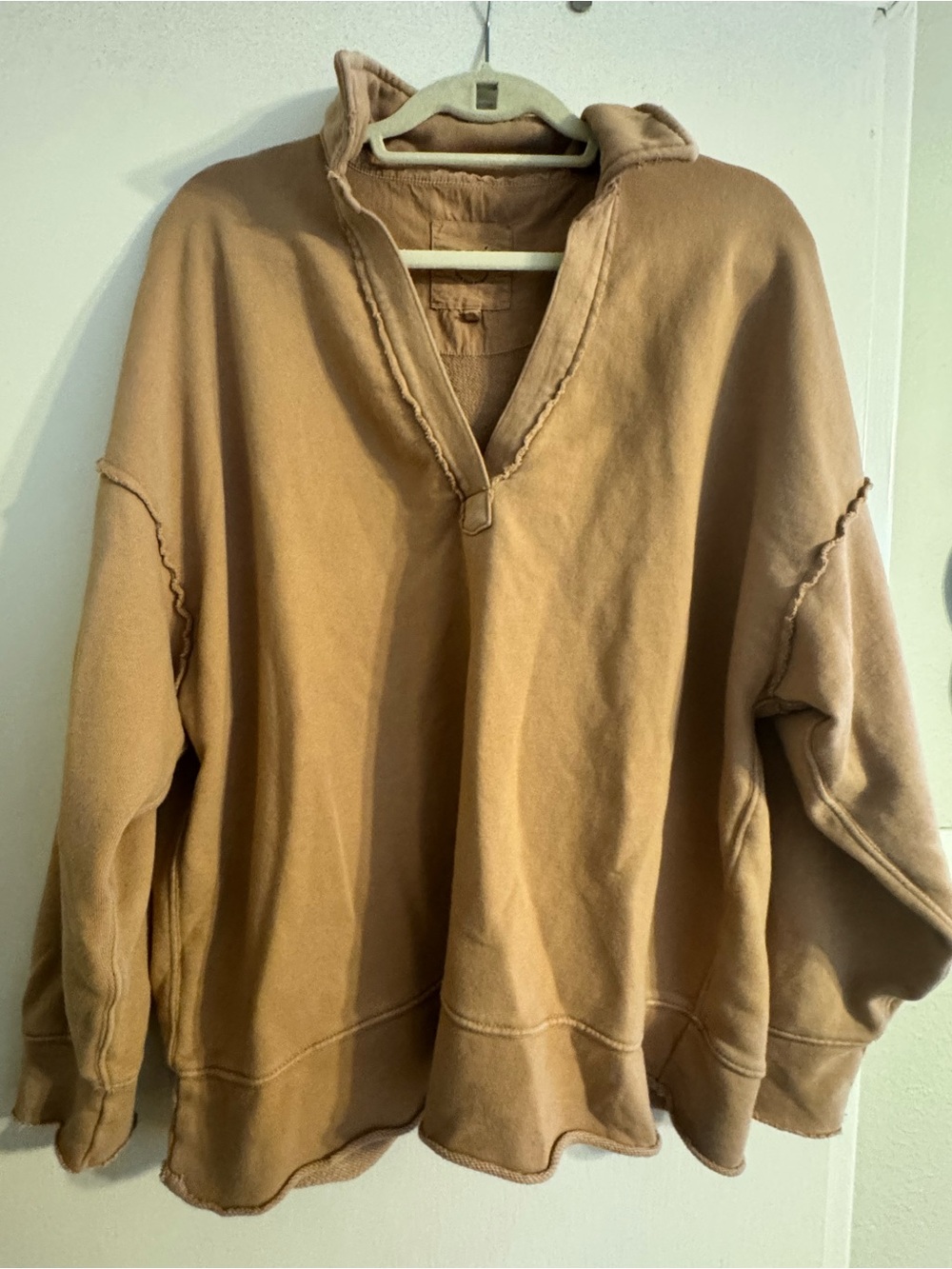Aerie Cozy Oversized Distressed V-Neck Sweatshirt in Camel